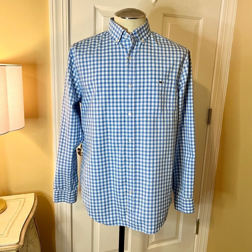 EUC Men's Vineyard Vines Classic Fit Tucker Shirt Blue White Plaid Size MEDIUM